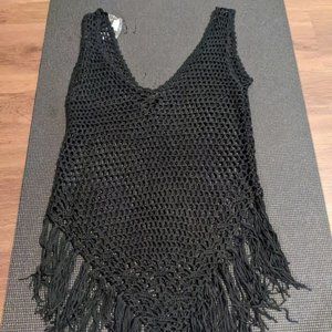 Knitted Fringe Hem Cover Up- Black- Medium- Shein